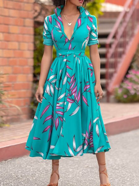 

Shirt Collar Short Sleeve A-Line Holiday Dress, As picture, Midi Dresses