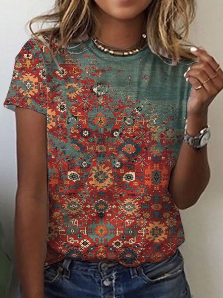 Maniche Corte Vacanza Geometrico Misto Cotone Top, Rosso, Tops