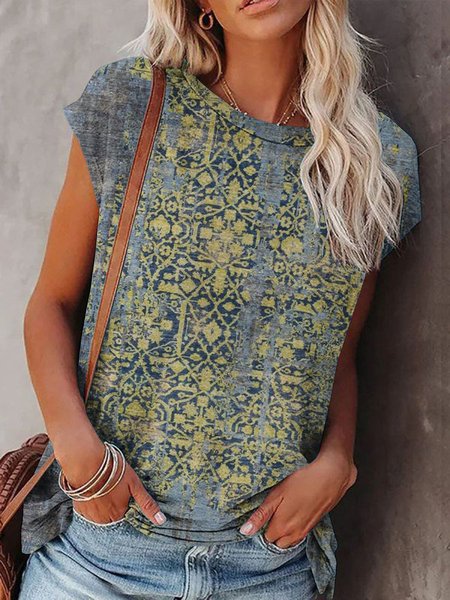 

Maniche Corte Misto Cotone Casuale Top, Giallo verde, Tops