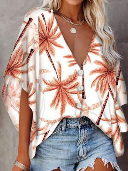 

Vintage Maniche Corte Stampata Floreale Scollo a V taglia grande Casuale Top, Piccoli alberi di cocco, Blouses & Shirts