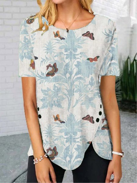 

Farfalla Maniche Corte Casuale Girocollo Top, Grigio, Tops