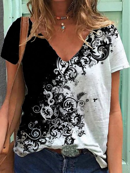 

Scollo a V Maniche Corte Casuale Top, Nero-bianco, Tops