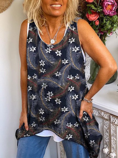 

Floral Cotton Crew Neck Tops, Blue, Tanks & Camis