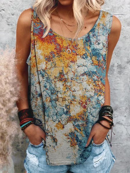 

Resort Cotton-Blend Printed Vests, Blue, Tank Top