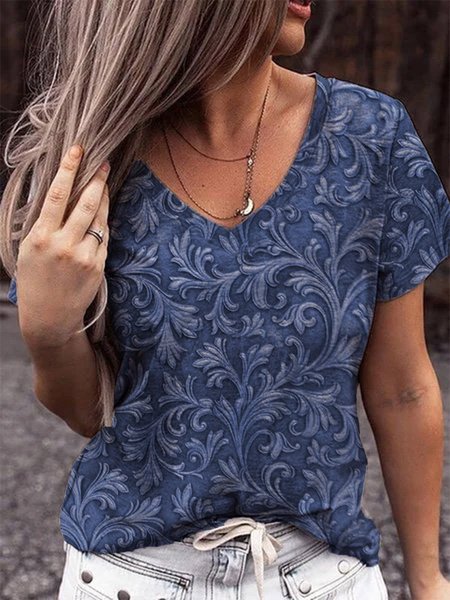 Casuale Piante Scollo a V Top, Blu, Tops