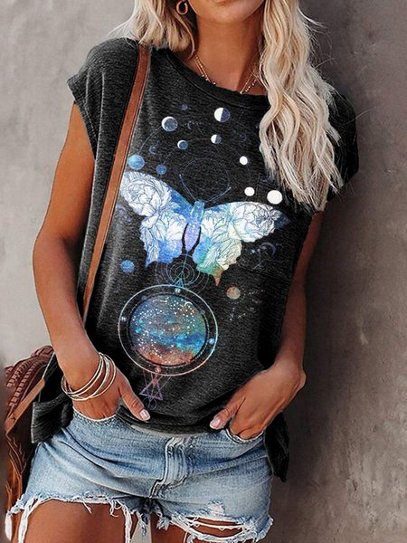 

Casuale Maniche Corte Misto Cotone Colore-block Top, Nero, Tops