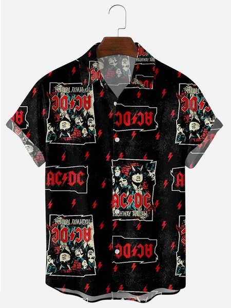 

Mens Vintage Rock Roll Punk Print Lapel Casual Loose Short Sleeve Hawaiian Shirt, Black, Short Sleeves Shirts