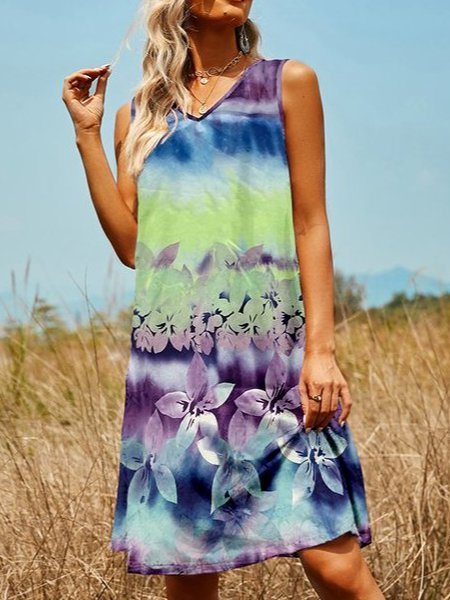 

Printed V Neck Floral Sleeveless Weaving Dress, Flower, Floral Dresses