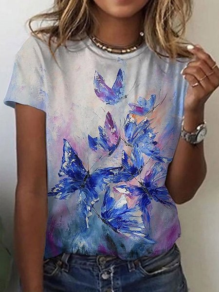 

Girocollo Maniche Corte Farfalla Vacanza Top, Blu, Tops