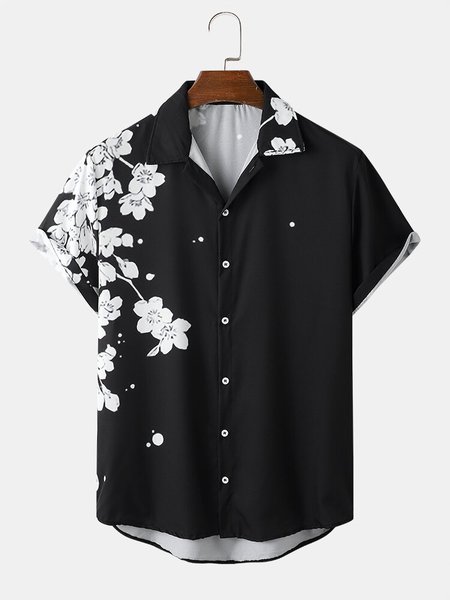 

Mens Monochrome Floral Print Button Up Short Sleeve Black Shirts, Men's Floral shirt