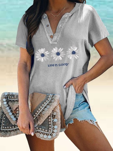

Stampato Floreale Scollo a V Maniche Corte Casuale Top, Grigio, Blouses & Shirts