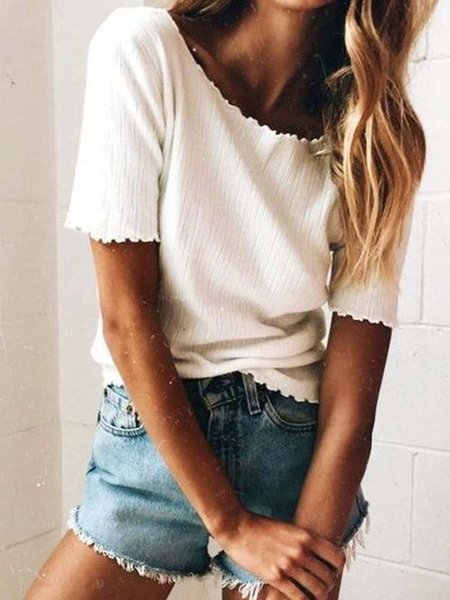 

Short Sleeve Cotton-blend Crew Neck Casual Summer White Top, T-Shirts