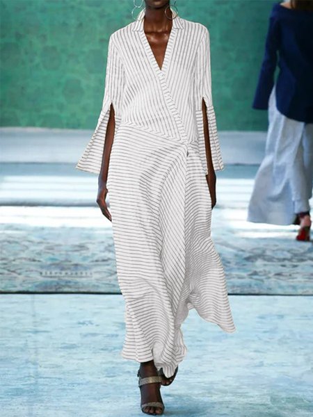 

Vintage a Righe Scollo a V Statement Gonna Casuale, Bianco, Dresses