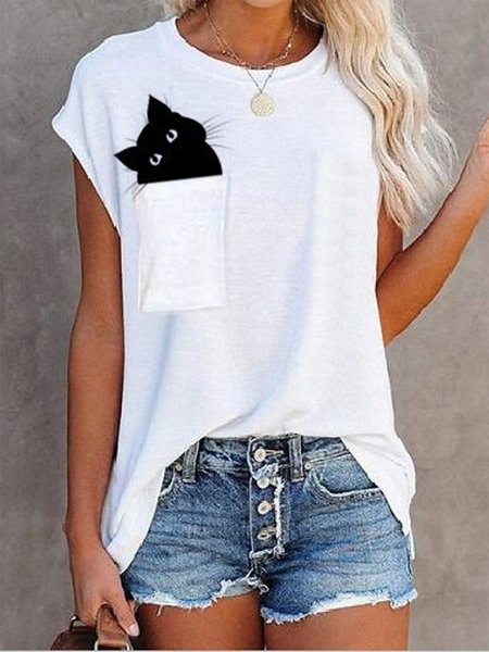 

Maniche Corte Animale Girocollo Top, Bianco, Tops
