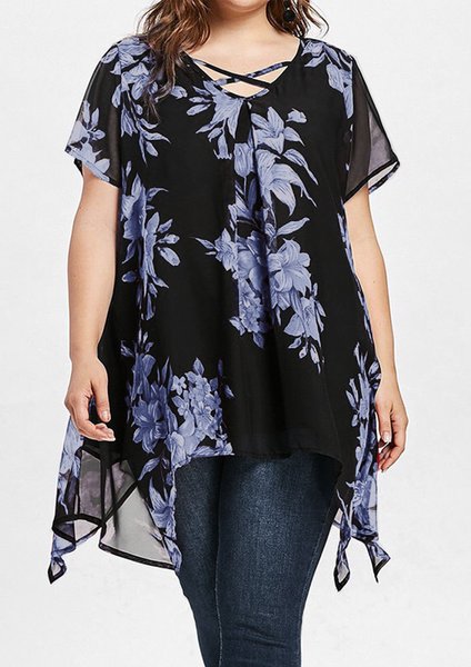 

Plus Size Women Blouses Double Chiffon Print Blouse Women Short Sleeve Loose Shirt Tops, Grey-blue, T-Shirts