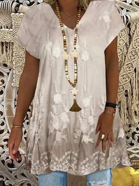 

Vintage Maniche Corte Scollo a V Geometrico Stampata Floreale taglia grande Casuale Top, Cachi chiaro, Tops