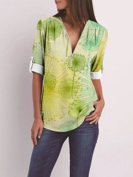 

Boho Shift Floral-Print Cotton-Blend Shirts & Tops, Green, Blouses & Shirts