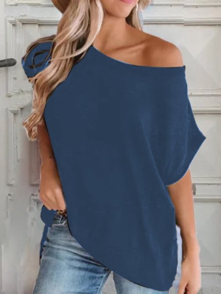 

Crew Neck Casual Short Sleeve T-shirt, Purplish blue, Tees & T-shirts