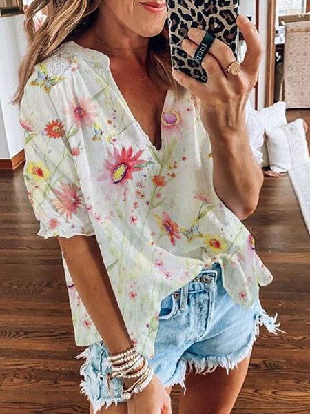 

Shirt Collar Butterfly Shift Casual Blouse, As picture, Tops