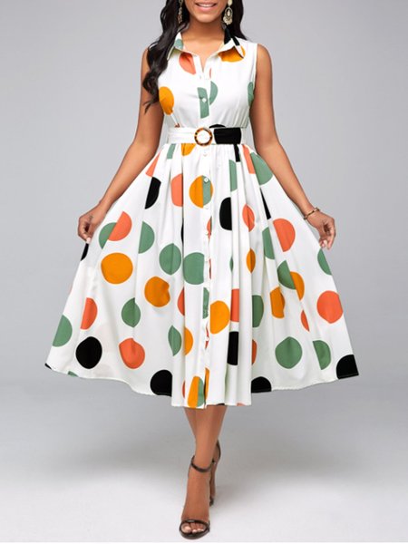

Shirt Collar Casual Polka Dots Midi Dress, As picture, Midi Dresses