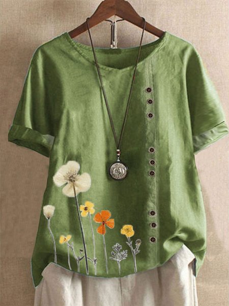 

Short Sleeve Floral Tops, Green, T-Shirts