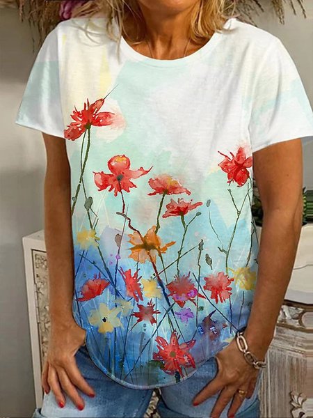 Vacanza Maniche Corte Scollo a V Floreale Top, Blu, Tops