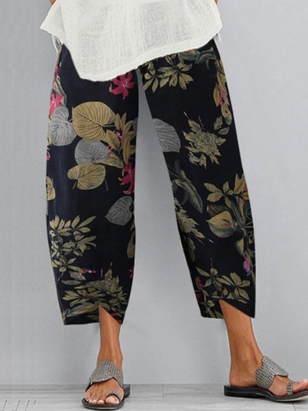 

Vintage Stampata Floreale Tasche Casuale Pantaloni, Blu marino, Pants