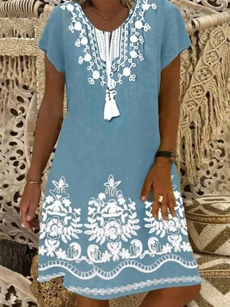 

Vintage Maniche Corte Geometrico Stampata Floreale Gonna Casuale, Blu, Summer dresses
