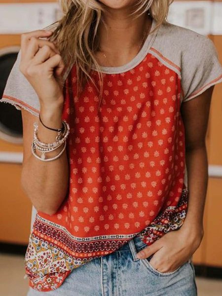 

Paisley Maniche Corte Stampato Misto Cotone Girocollo Vacanza Estate Rosso Superiore, Blouses & Shirts