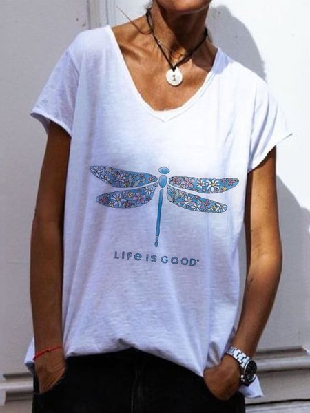 

Casual Printed Short Sleeve V Neck Shirts & Tops, White, T-Shirts
