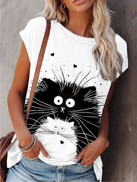 Maniche Corte Casuale Animale Girocollo Top, Bianco, Tops