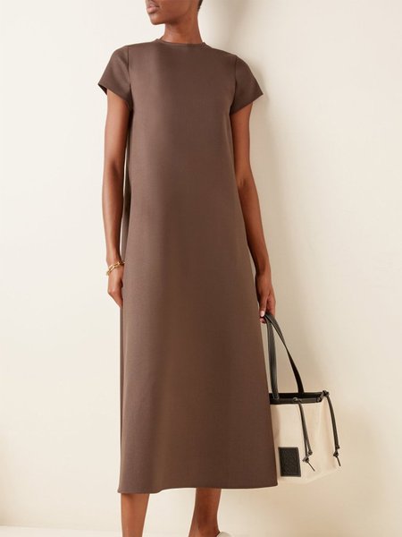 

Shift Plain Crew Neck Casual Short Sleeve Dress, Coffee, Midi Dresses