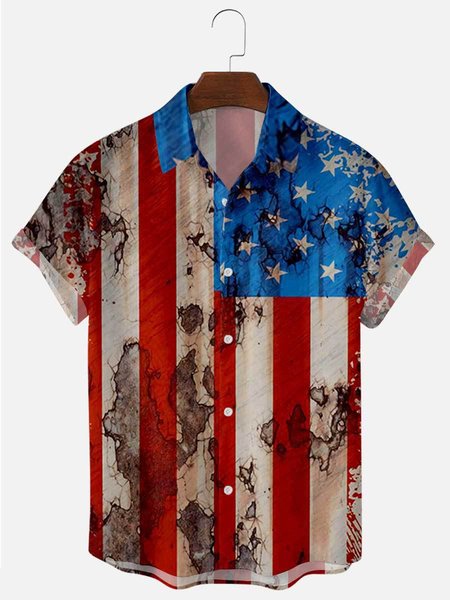 

Printed Striped Shirt Collar Shirts & Tops, As picture, Short Sleeves Shirts