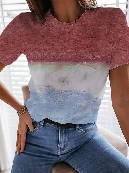 

Ombre/tie-Dye Short Sleeve Casual Sea Printed T-shirt, Red, T-Shirts