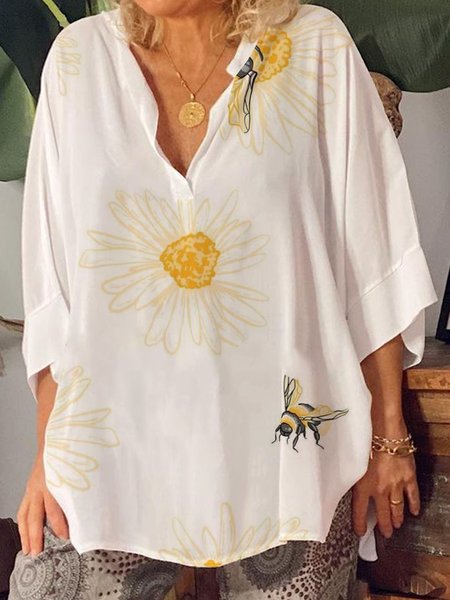 

Margherita Ape Stampato Floreale Ricorrere Mezza Manica Scollo a V Top, Bianco, Blouses & Shirts