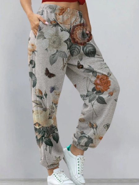 

Vintage Floral Printed Plus Size Pockets Casual Pants, Light gray, Sport Pants