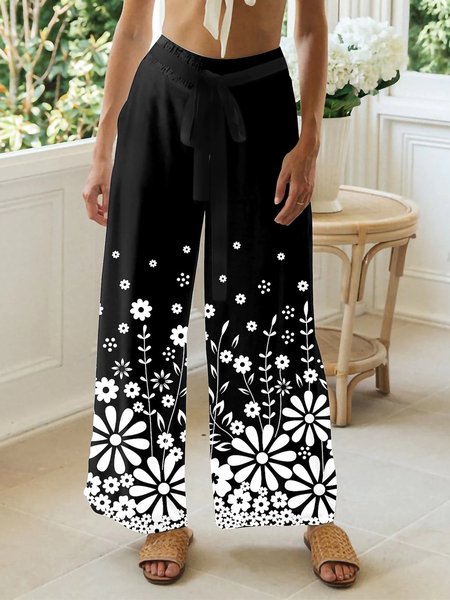 

Casual Floral Cotton-Blend Pants, Black, Pants
