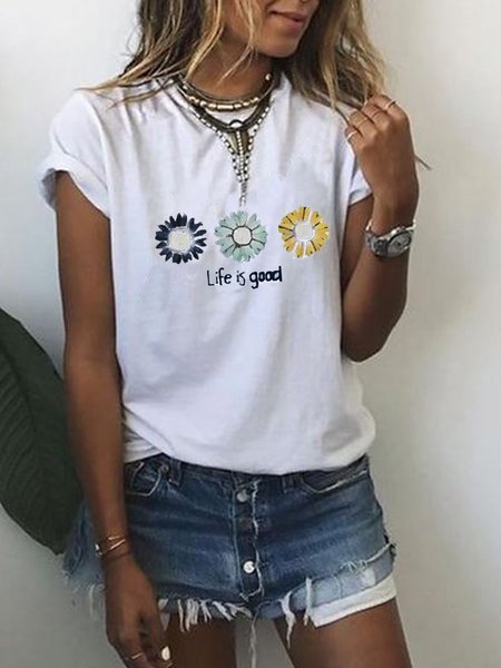 

Life Is Good Casual Short Sleeve Floral Cotton-Blend T-Shirts, White, T-Shirts