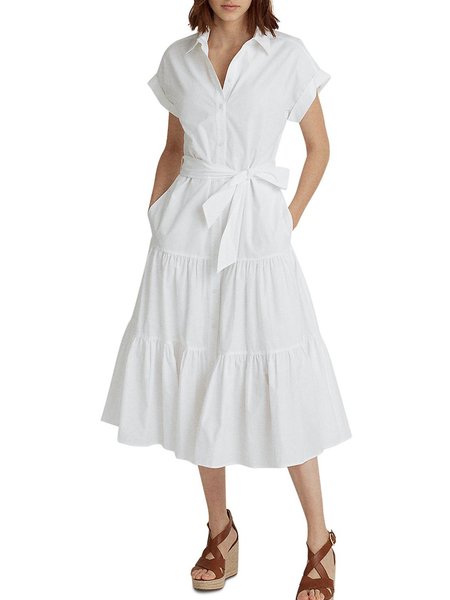 

Short Sleeve Shirt Collar Plain Midi Dress, White, Midi Dresses