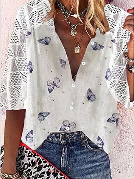 

Casual Floral-Print Short Sleeve Shirts & Tops, White, Tops