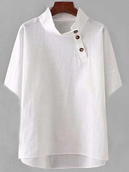 

Short Sleeve Cotton Solid Stand Collar Top, White, Blouses & Shirts