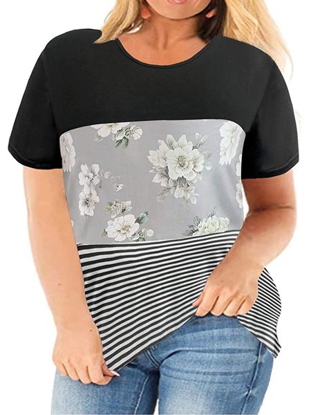 

Plus Size Color Block Tops Women Floarl/Striped Tee Shirt L, Multicolor, T-Shirts