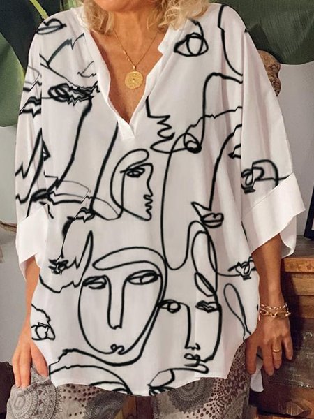 

Astratto Misto Cotone Dritto Mezza Manica Top, Bianco, Tops