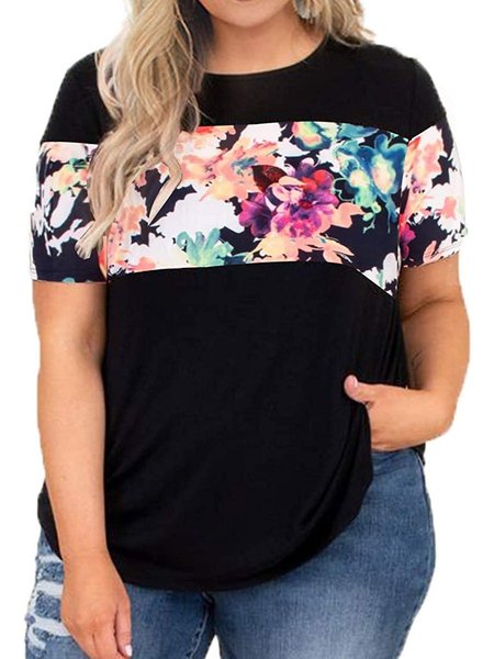 

Plus Size Tops Short Sleeve Floral Print Color Block Shirts L, Multicolor, T-Shirts