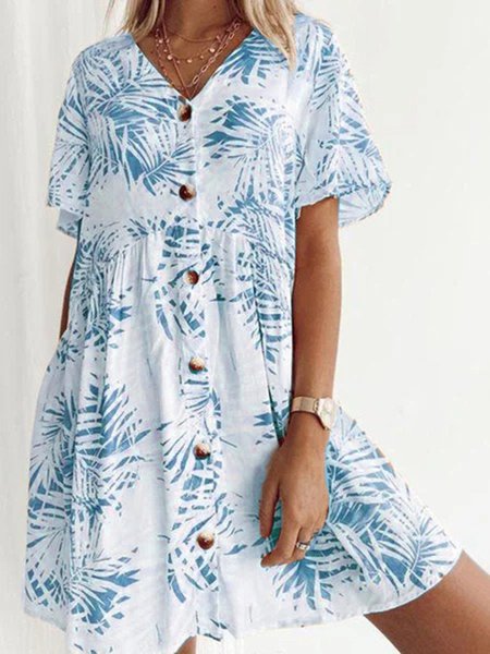 

Cotton-Blend V Neck Short Sleeve Printed Weaving Dress, Blue, Floral Dresses