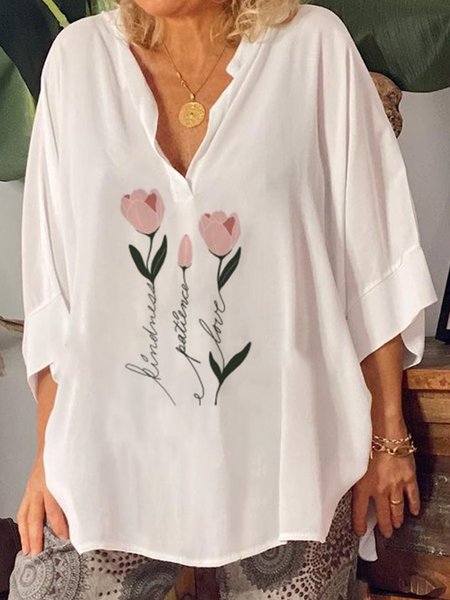 

Dritto Mezza Manica Scollo a V Stampato Floreale Top, Bianco, Tops