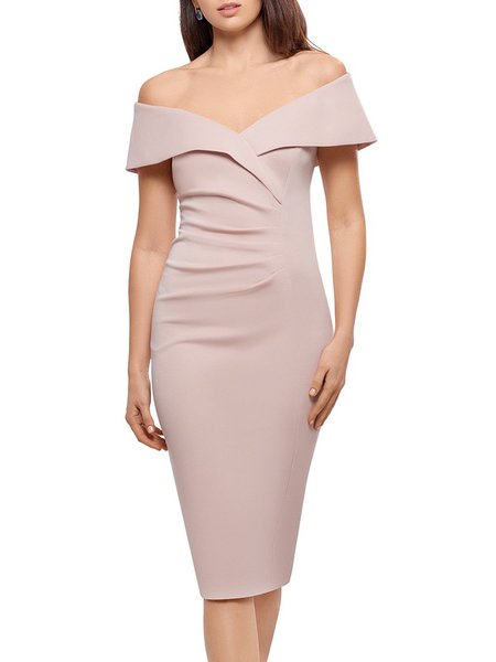 

Sheath Off Shoulder Short Sleeve Daily Woven Midi Dresse, Apricot, Midi Dresses