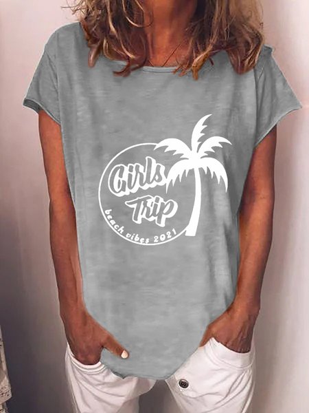 

Girls Trip Beach Vibes 2021 T-shirt Women Crew Neck Tee Summer Top, Gray, T-shirts