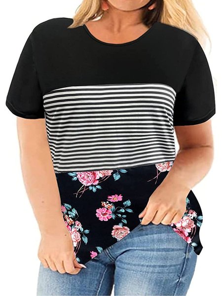 

Plus Size L- Color Block Tops Women Floral/Striped Tee Shirt L-5XL, Multicolor, T-Shirts