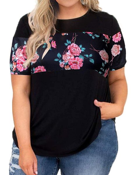 

Plus Size Tops Short Sleeve Floral Print Color Block Shirts L, Multicolor, T-Shirts